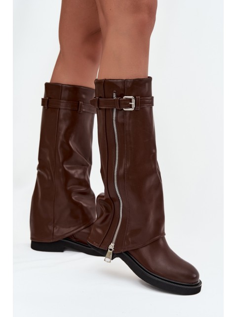 Women's Boots with Turned-up Shaft Buckle and Silver Zipper Insulated Brown Bressa
