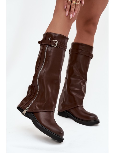 Women's Boots with Turned-up Shaft Buckle and Silver Zipper Insulated Brown Bressa 2