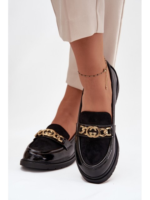 Patent Leather Women's Loafers with Gold Ornament S.Barski HY52-540 Black 2