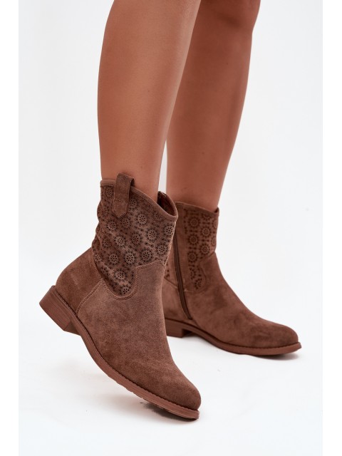 Women's Flat Heel Ankle Boots with Openwork Pattern S.Barski HY52-530 Brown