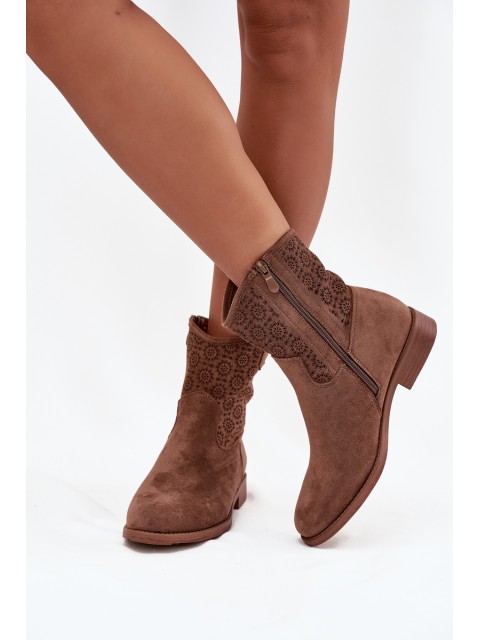 Women's Flat Heel Ankle Boots with Openwork Pattern S.Barski HY52-530 Brown 2