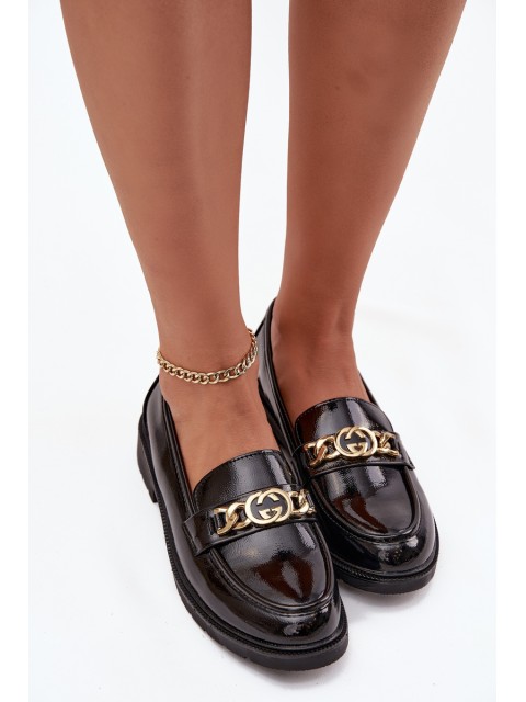Lacquered Women's Loafers With Gold Decoration S Bar ski HY52 539 Black