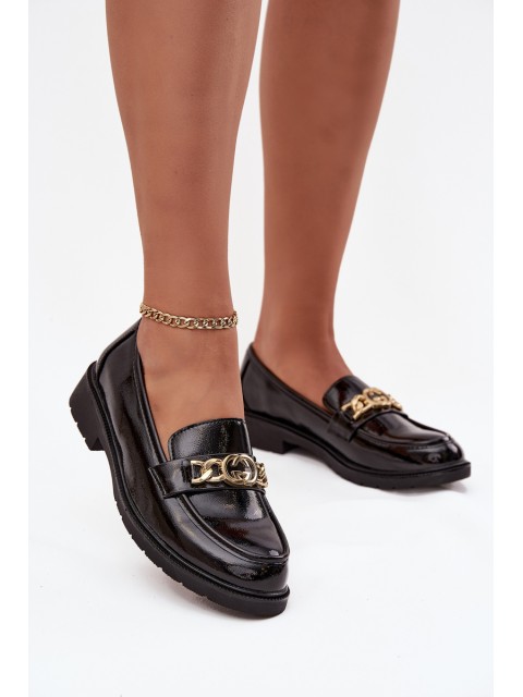 Lacquered Women's Loafers With Gold Decoration S Bar ski HY52 539 Black 2
