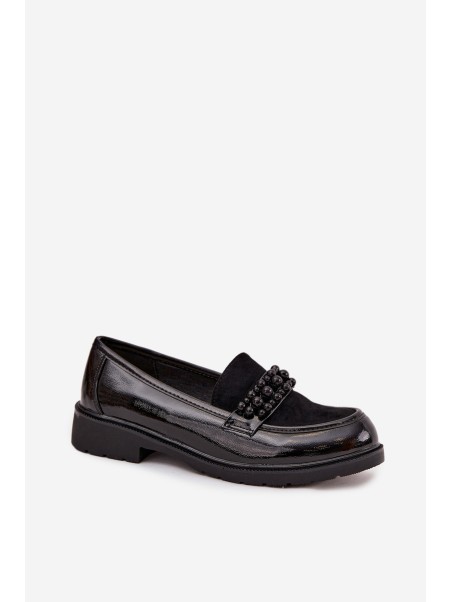 Moteriški lakuoti mokasinai su karoliukais S.Barski HY52-541 juodi