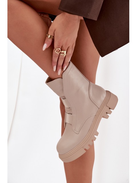 Fleece Lined Women's Worker Boots with Zip Eco Leather Light Beige Mailyra 2