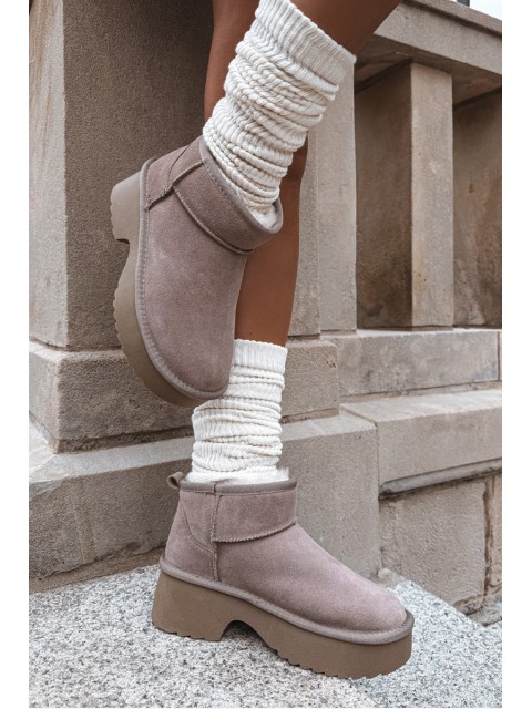Women's Snow Boots Made of Natural Suede Lined with Fur Khaki Milora