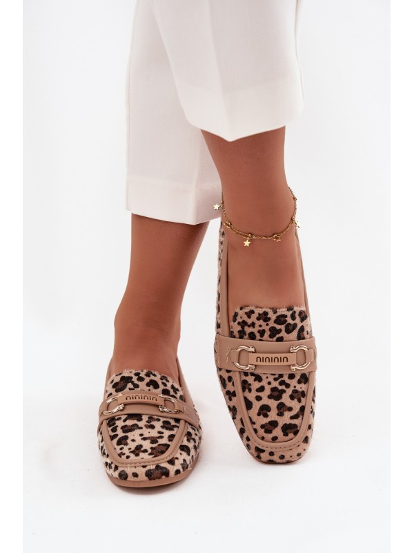 Moteriški mokasinai su dekoratyviniu elementu leopardo raštu, smėlio spalvos, Evelora