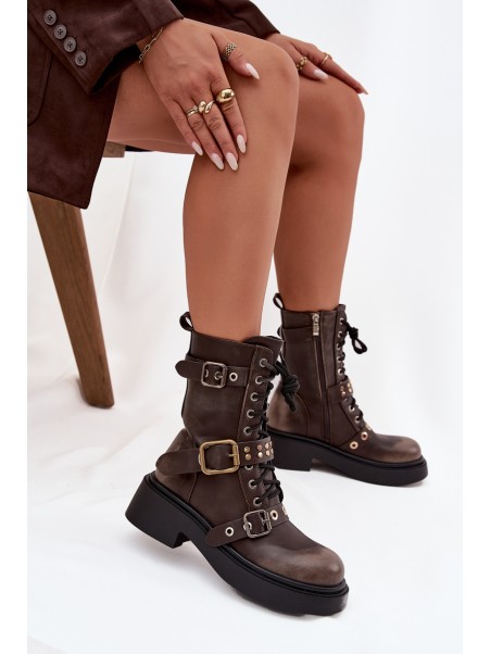 Insulated womens work boots with buckles brown Marisse