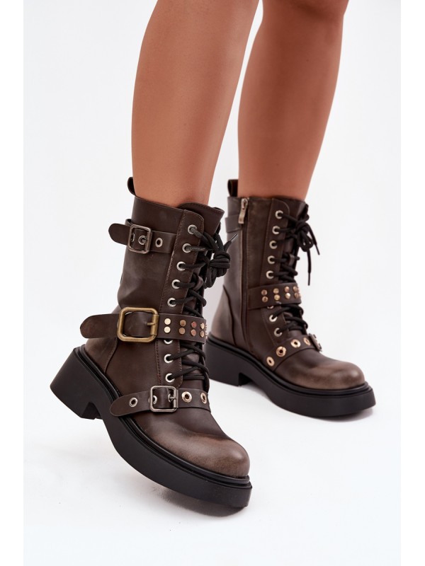 Insulated womens work boots with buckles brown Marisse