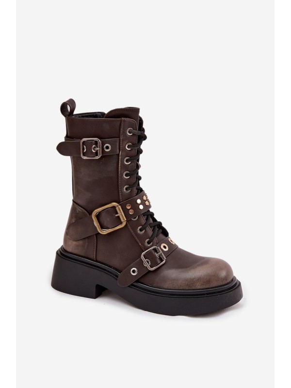 Insulated womens work boots with buckles brown Marisse