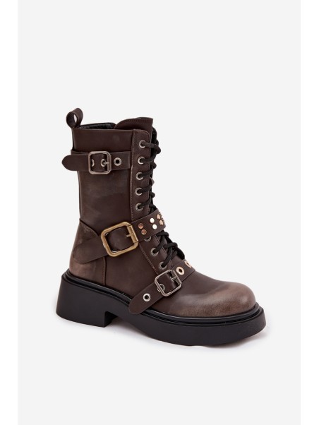 Insulated womens work boots with buckles brown Marisse