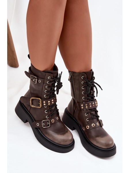 Insulated womens work boots with buckles brown Marisse