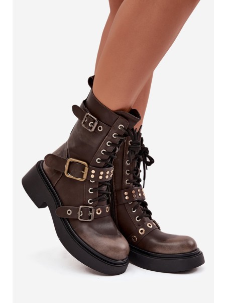 Insulated womens work boots with buckles brown Marisse