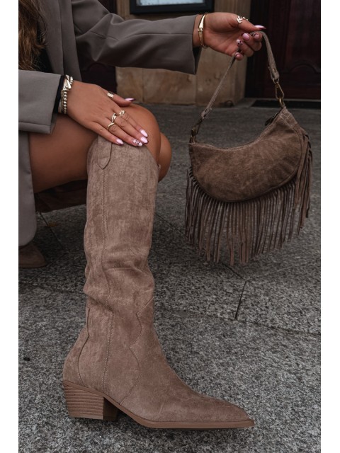 Eco Suede Cowboy Boots Women's Heeled Beige Jenaya