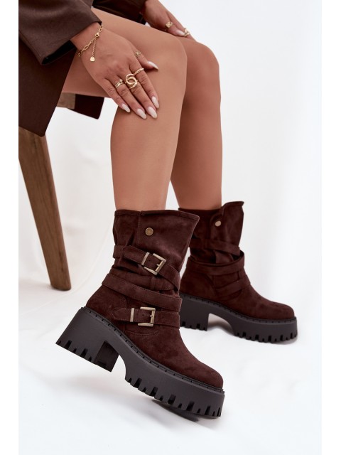 Women's ankle boots on chunky heel with buckles and strap chocolate Nerelisa