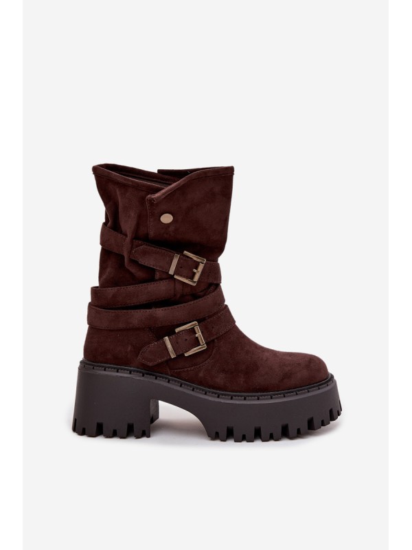 Moteriški aulinukai iki kulno su storu kulnu, sagtimis ir dirželiu šokolado spalvos Nerelisa