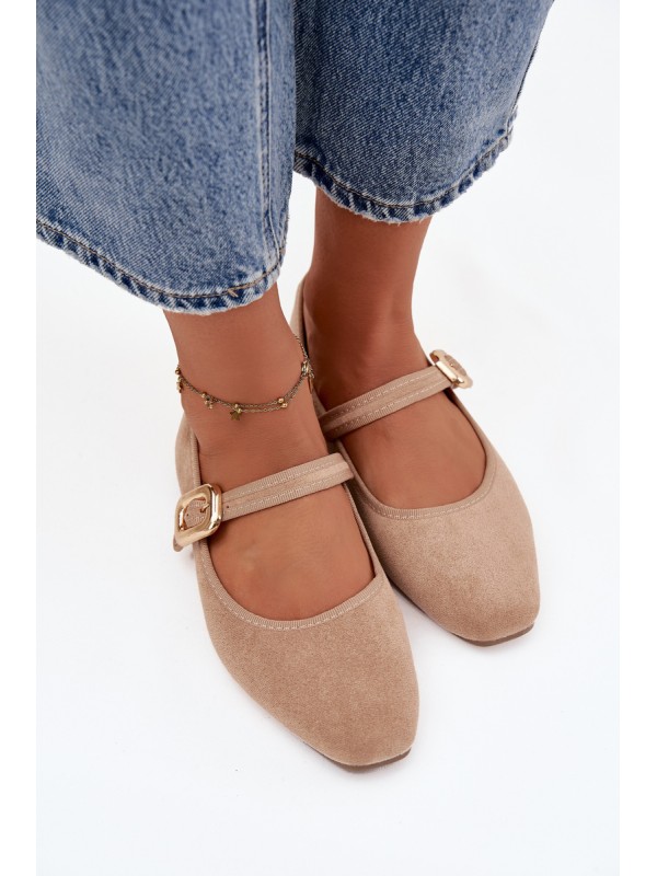 Ballet flats with strap and gold buckle Eco suede Beige Adelora