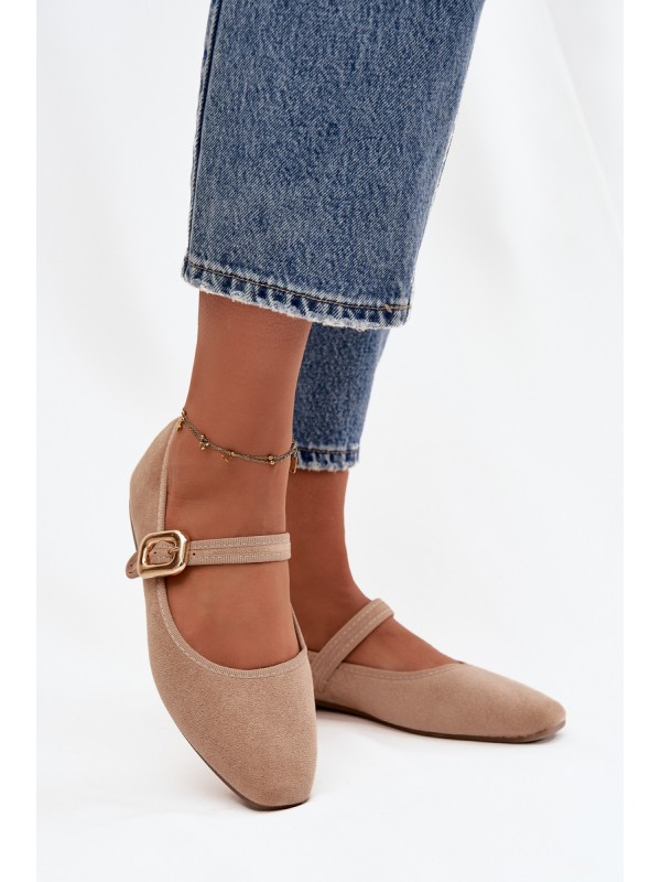 Ballet flats with strap and gold buckle Eco suede Beige Adelora 2
