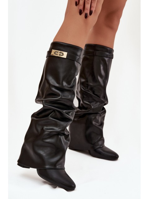 Women's Heeled Boots With Folded Shaft And Gold Detail Black Diorna 2