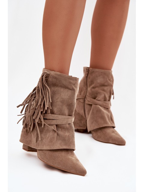 Women's ankle boots with heel with fringes and gold buckles beige Evelisse 2