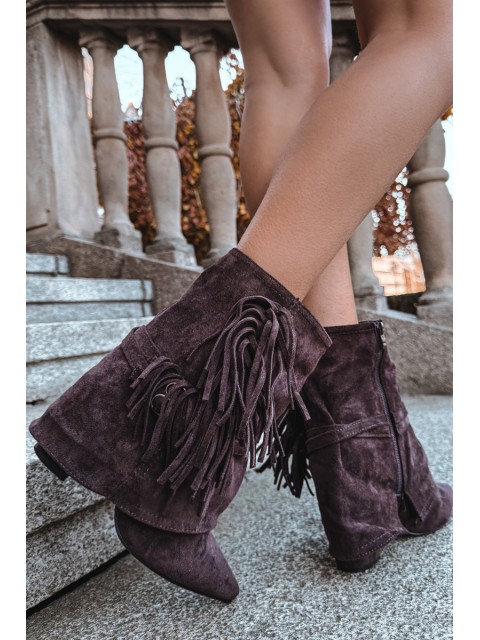 Women's heeled ankle boots with fringes and golden buckles chocolate Evelisse 2