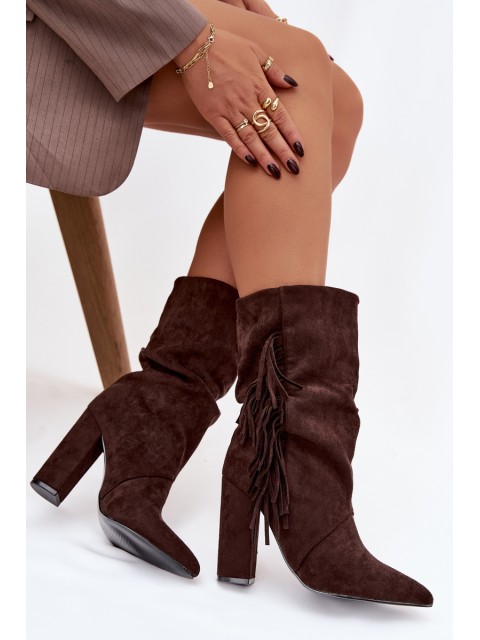 Women's Ankle Boots On Heel With Fringes And Gathering Warm Chocolate Darlina