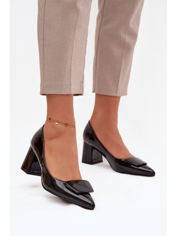 Patent Leather Heeled Shoes with Embellishment Black Isoline