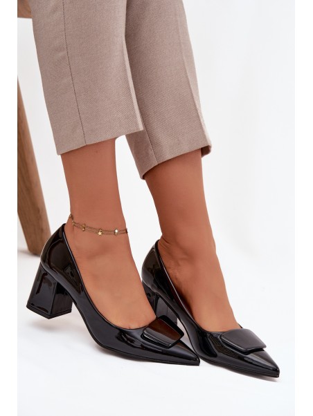 Patent Leather Heeled Shoes with Embellishment Black Isoline