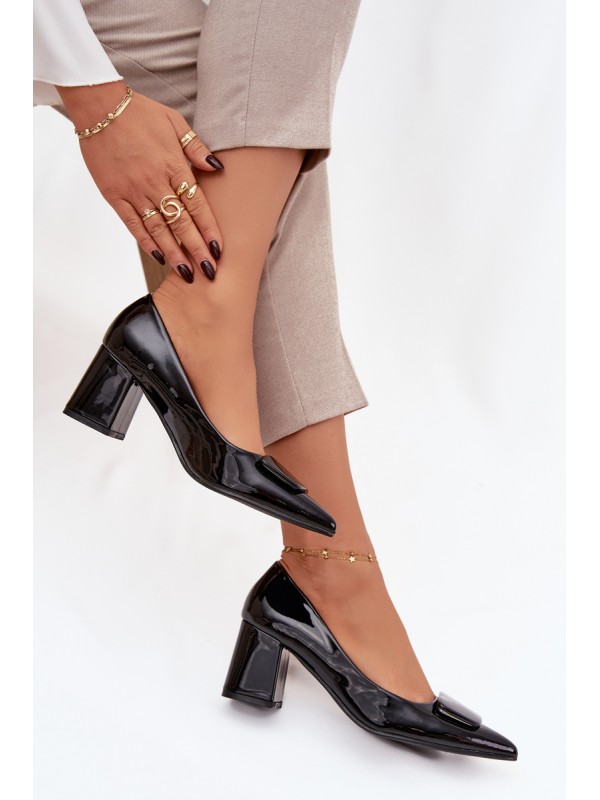 Patent Leather Heeled Shoes with Embellishment Black Isoline