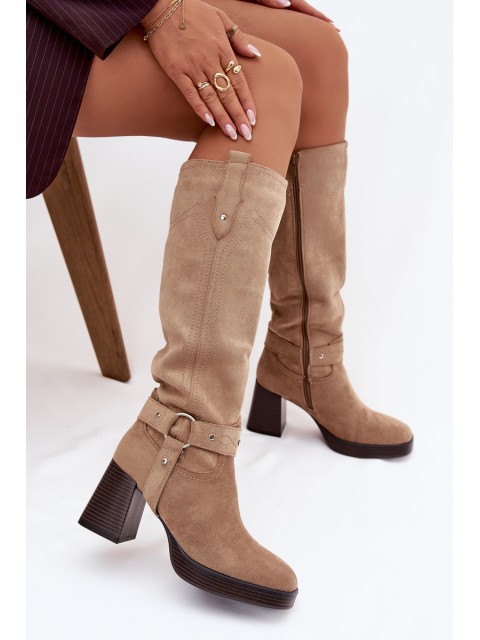 Insulated Women's Boots on Heel with Stitching Beige Alessara