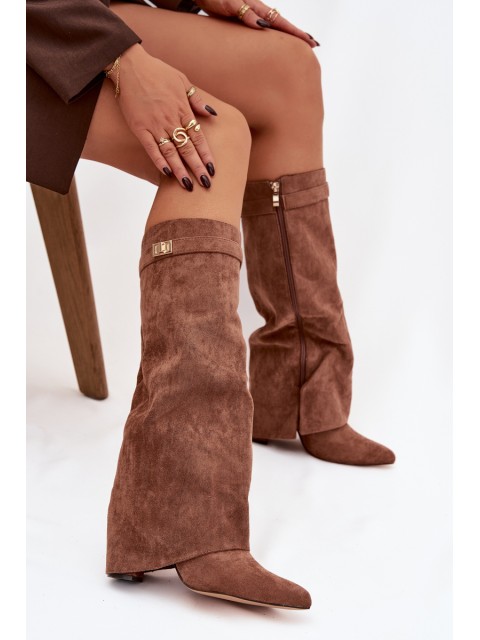 Evo eco suede boots heel column with zipper lined rolled shaft dark beige Evyra