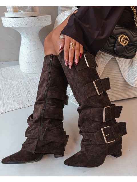 Women's High Heel Boots with Turned Top and Gold Clamps Eco Suede Chocolate Isavelle 2