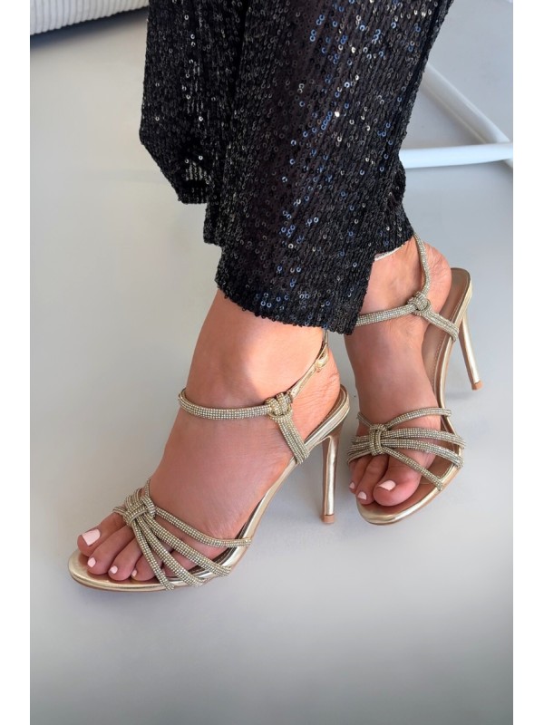Women's High Heel Sandals with Straps and Rhinestones Gold Tanelle