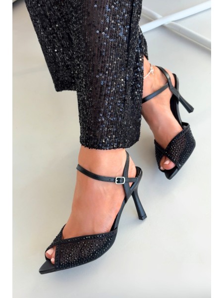 Ladies Heeled Sandals with Embellishment Black Peloria