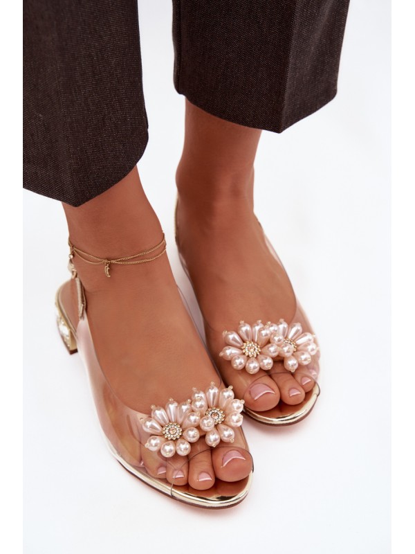 Transparent Low Heel Sandals with Decorative Details D&A MR52-229 Gold