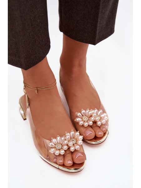 Transparent Low Heel Sandals with Decorative Details D&A MR52-229 Gold