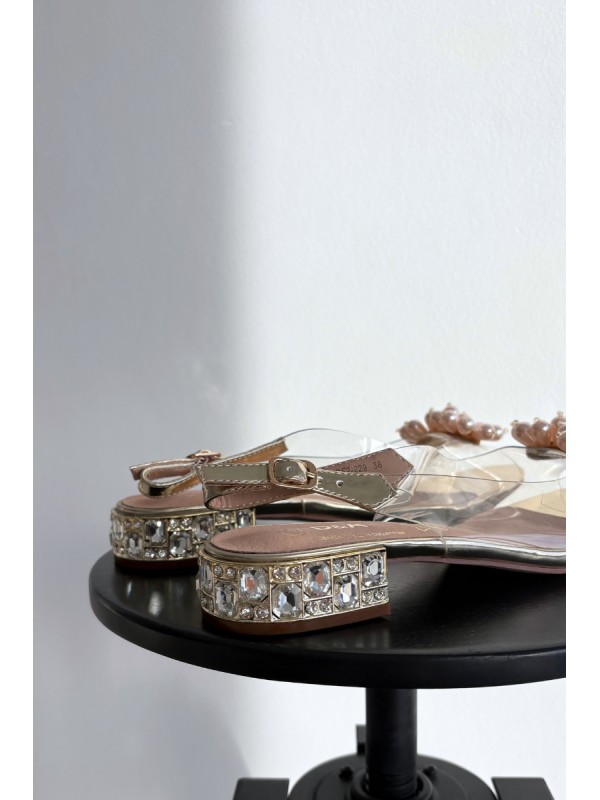 Transparent Low Heel Sandals with Decorative Details D&A MR52-229 Gold