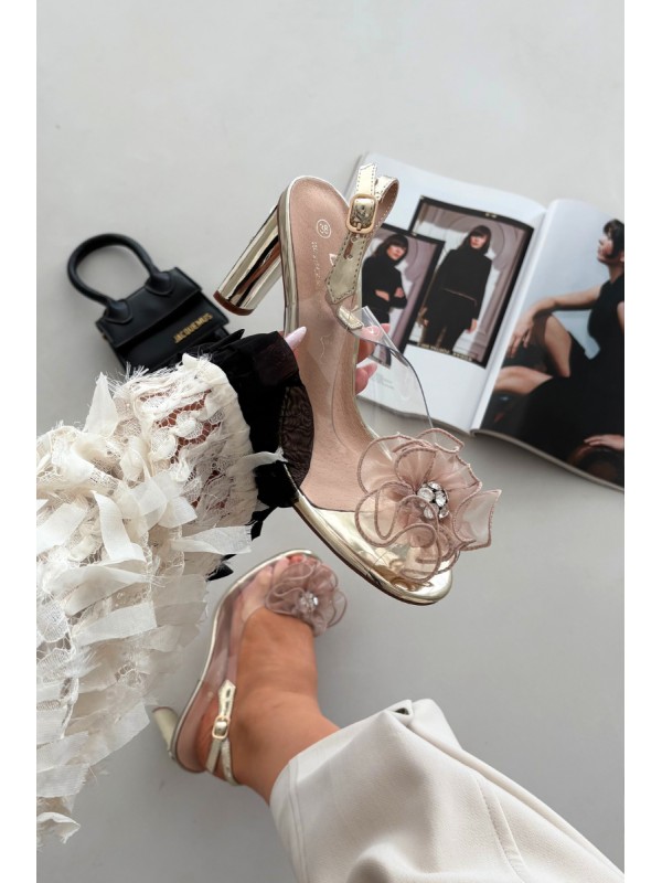 Block heel sandals with decoration and crystals D&A MR52-236 Gold