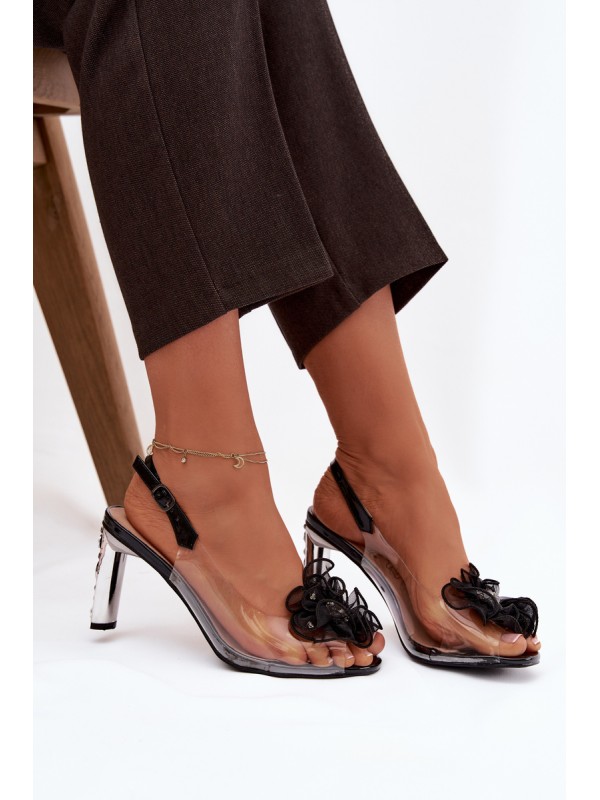 Block Heel Sandals with Decoration and Crystals D&A MR52-236 Black