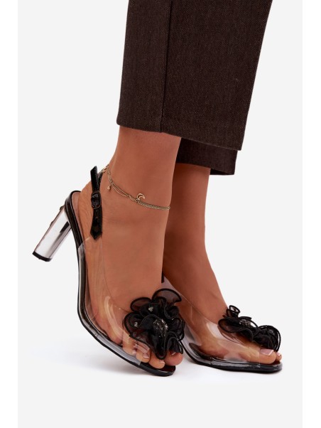 Block Heel Sandals with Decoration and Crystals D&A MR52-236 Black