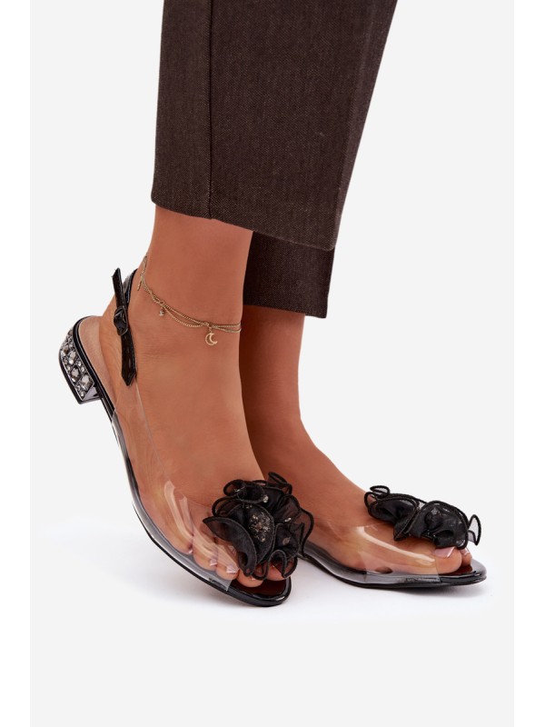 Transparent Low Heel Sandals with Crystals and Decoration D&A MR52-230 Black