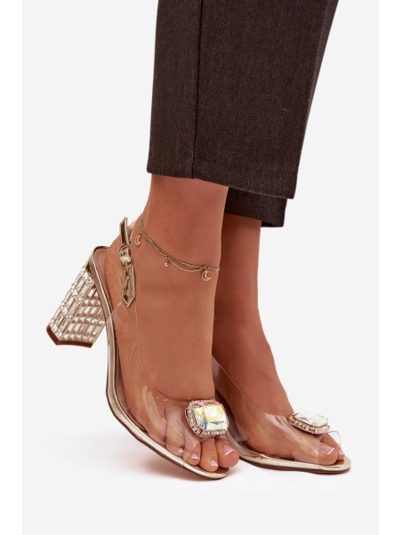Transparent block heel sandals with crystals D&A MR52-239 gold