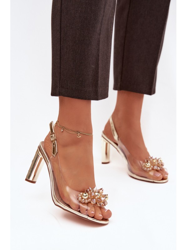 Transparent Block Heel Sandals With Embellishments D&A MR52-232 Gold