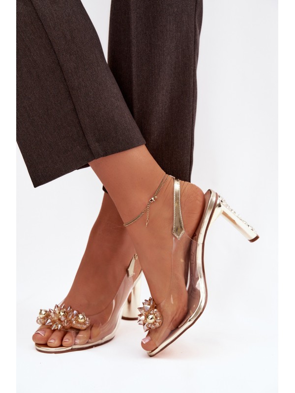 Transparent Block Heel Sandals With Embellishments D&A MR52-232 Gold