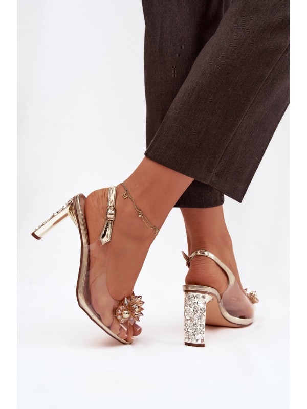 Transparent Block Heel Sandals With Embellishments D&A MR52-232 Gold