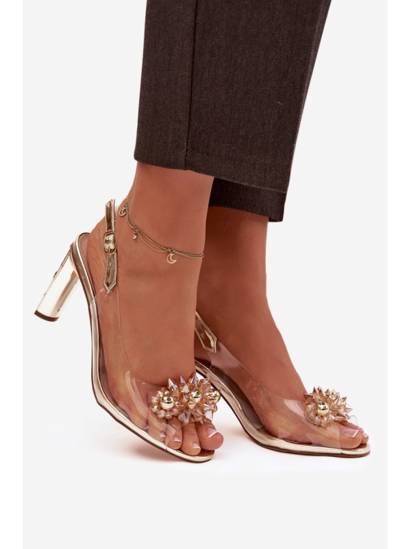 Transparent Block Heel Sandals With Embellishments D&A MR52-232 Gold