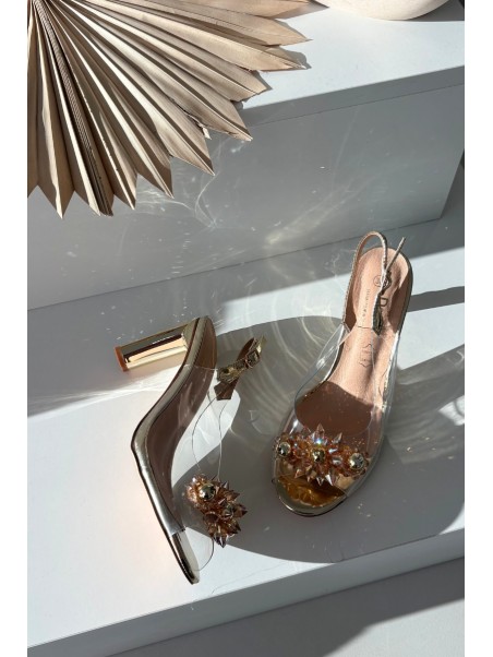 Transparent Block Heel Sandals With Embellishments D&A MR52-232 Gold