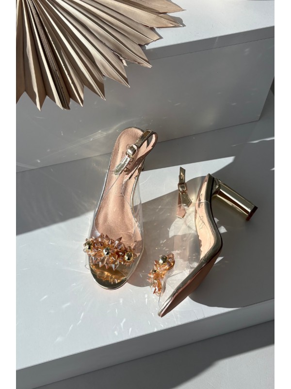 Transparent Block Heel Sandals With Embellishments D&A MR52-232 Gold