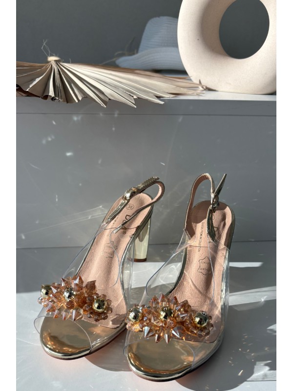 Transparent Block Heel Sandals With Embellishments D&A MR52-232 Gold