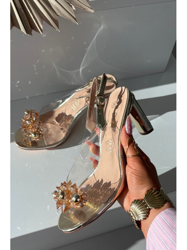 Transparent Block Heel Sandals With Embellishments D&A MR52-232 Gold